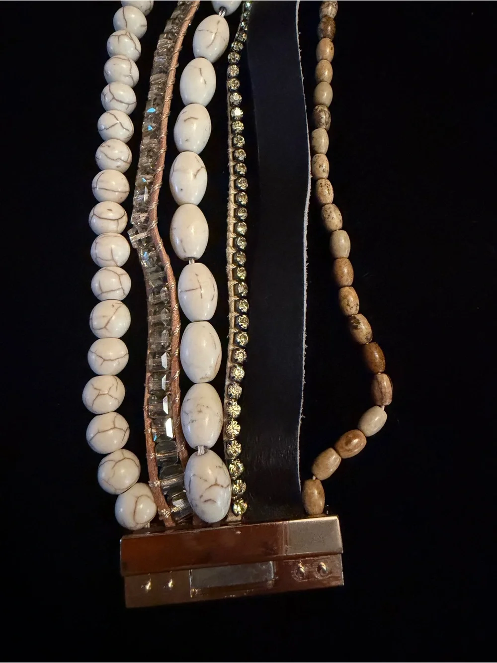 Multi-Strand White Marble & Howlite Bead Magnetic Cuff Cow Hide Strand Bracelet